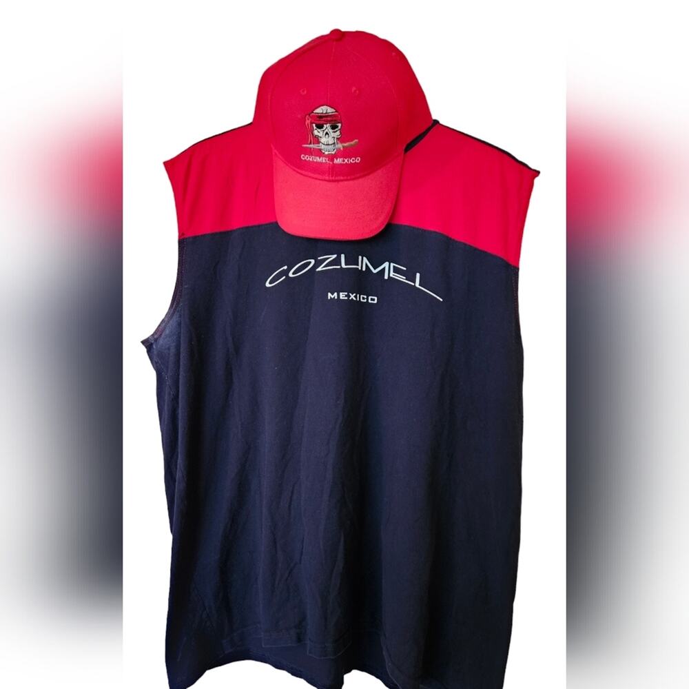 XXL Cozumelmen's tank top & hat combo, red, white, & blue colors, small stain
